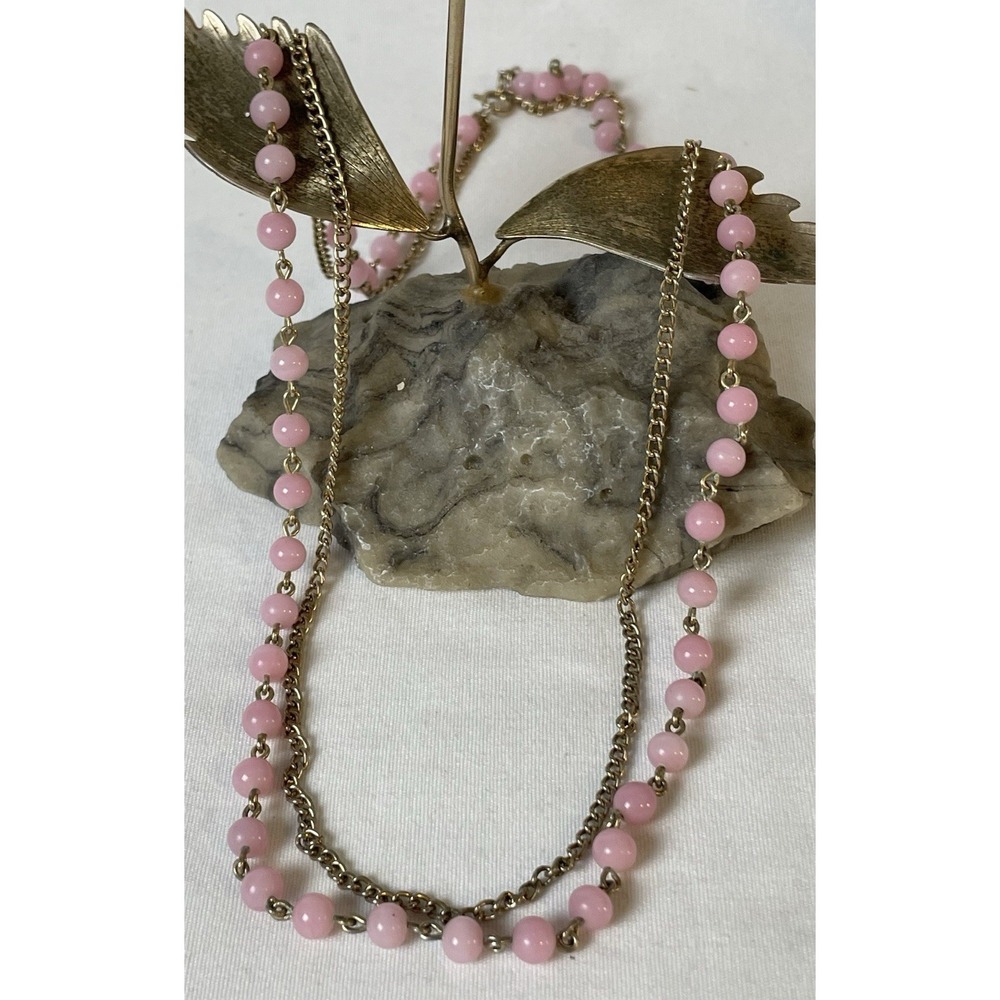 Y2K 2-Stand Necklace 24" Pink Ball Beads Gold Toned Cable Chain